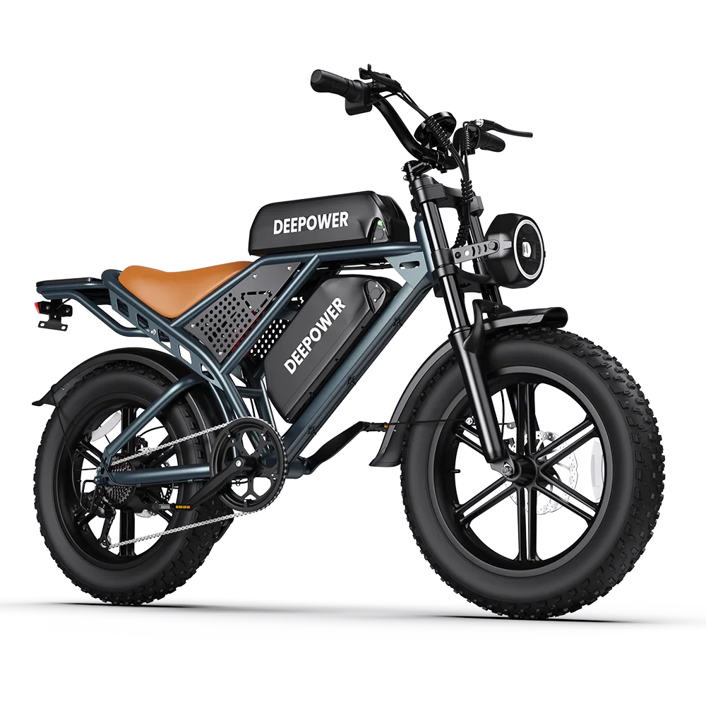 Deepower electric bike with fat tires, black frame, brown saddle, and round LED headlight