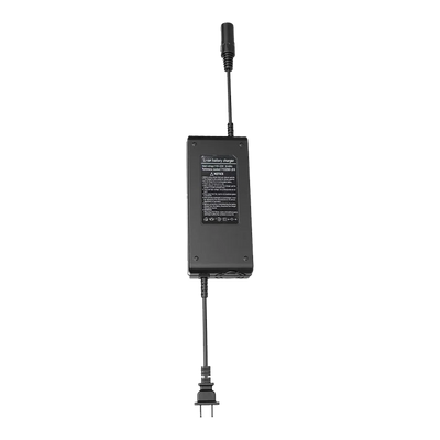 Black Li-ion battery charger with power plug and output cable, rectangular design