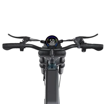 Electric bike handlebar with digital display showing speed 50 km/h and controls on black frame