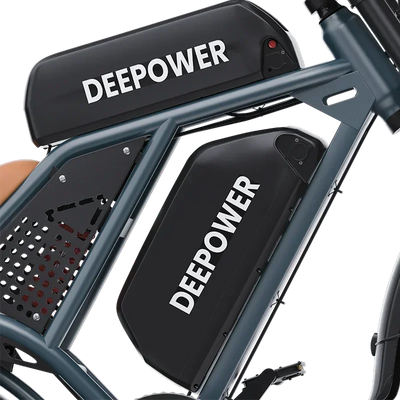 Close-up of DEEPOWER electric bike frame with dual black battery packs labeled DEEPOWER