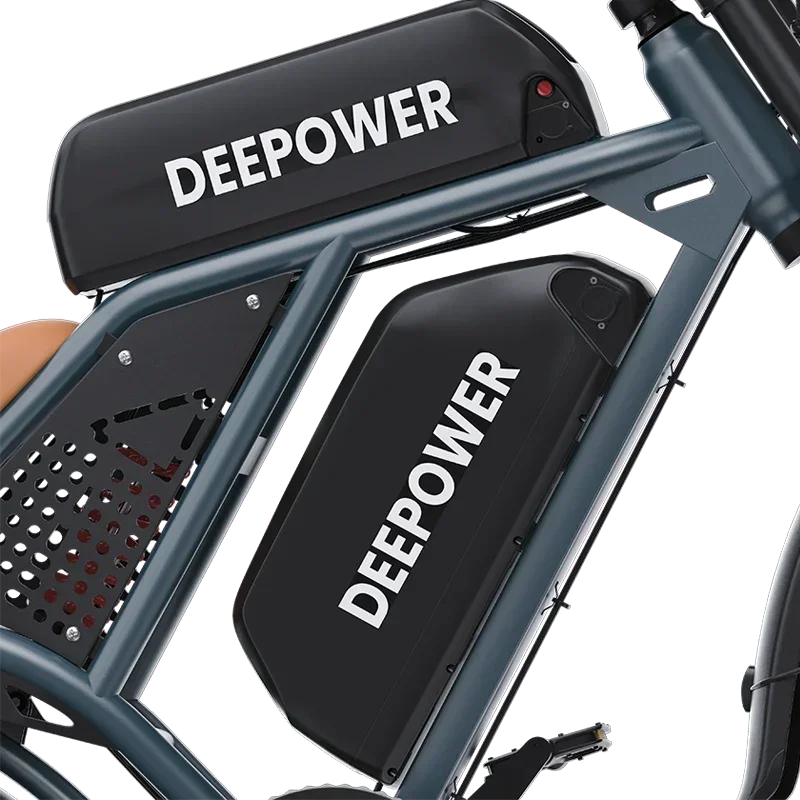 Close-up of DEEPOWER electric bike frame with dual black battery packs labeled DEEPOWER