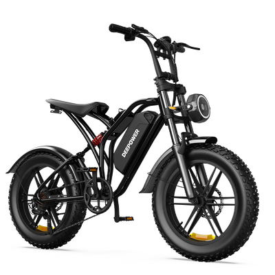 Black DEEPOWER electric bike with fat tires, front suspension, and integrated battery for city and off-road riding