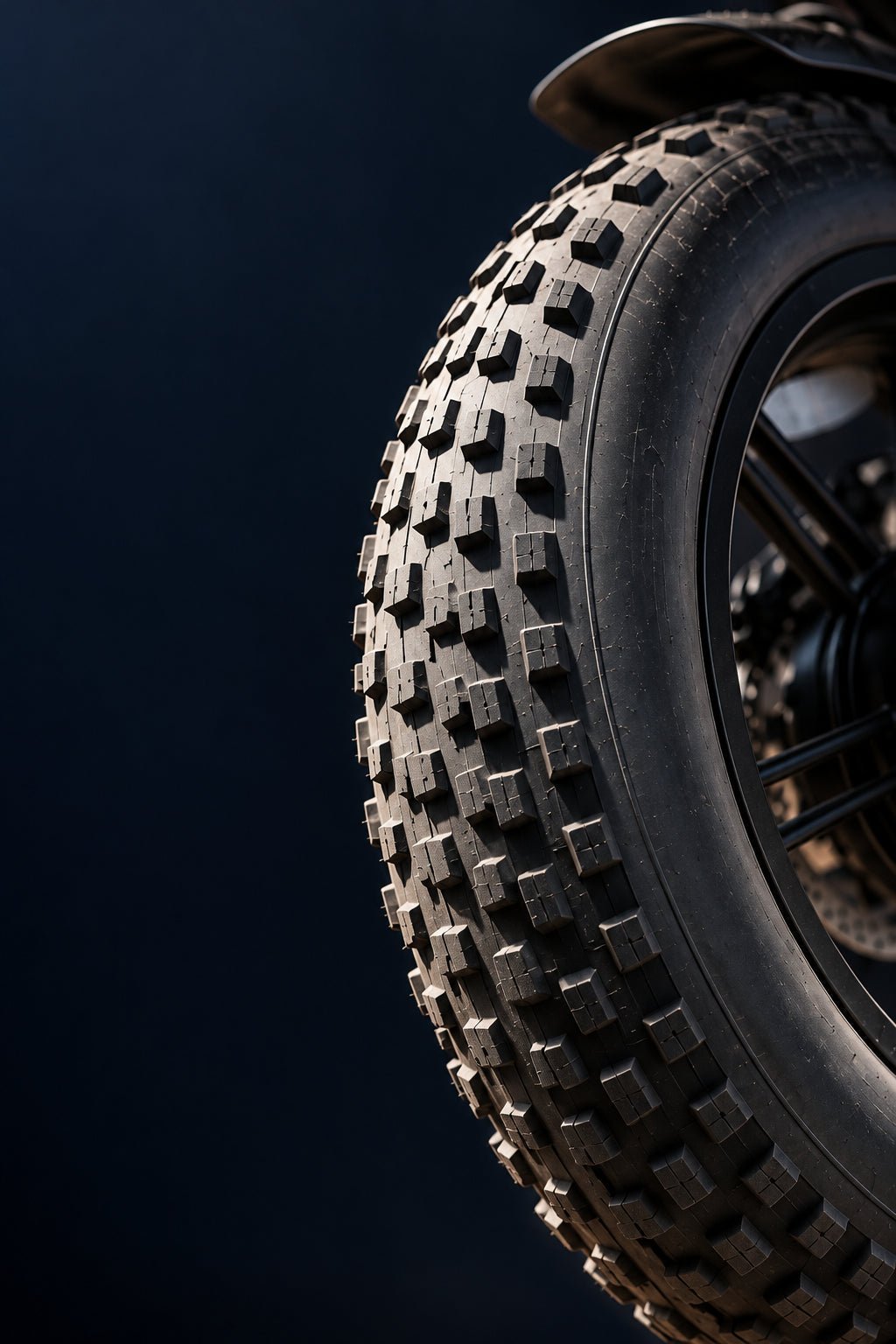 Clean realistic close-up of the QS7 20 by 4 inch all-terrain fat tire