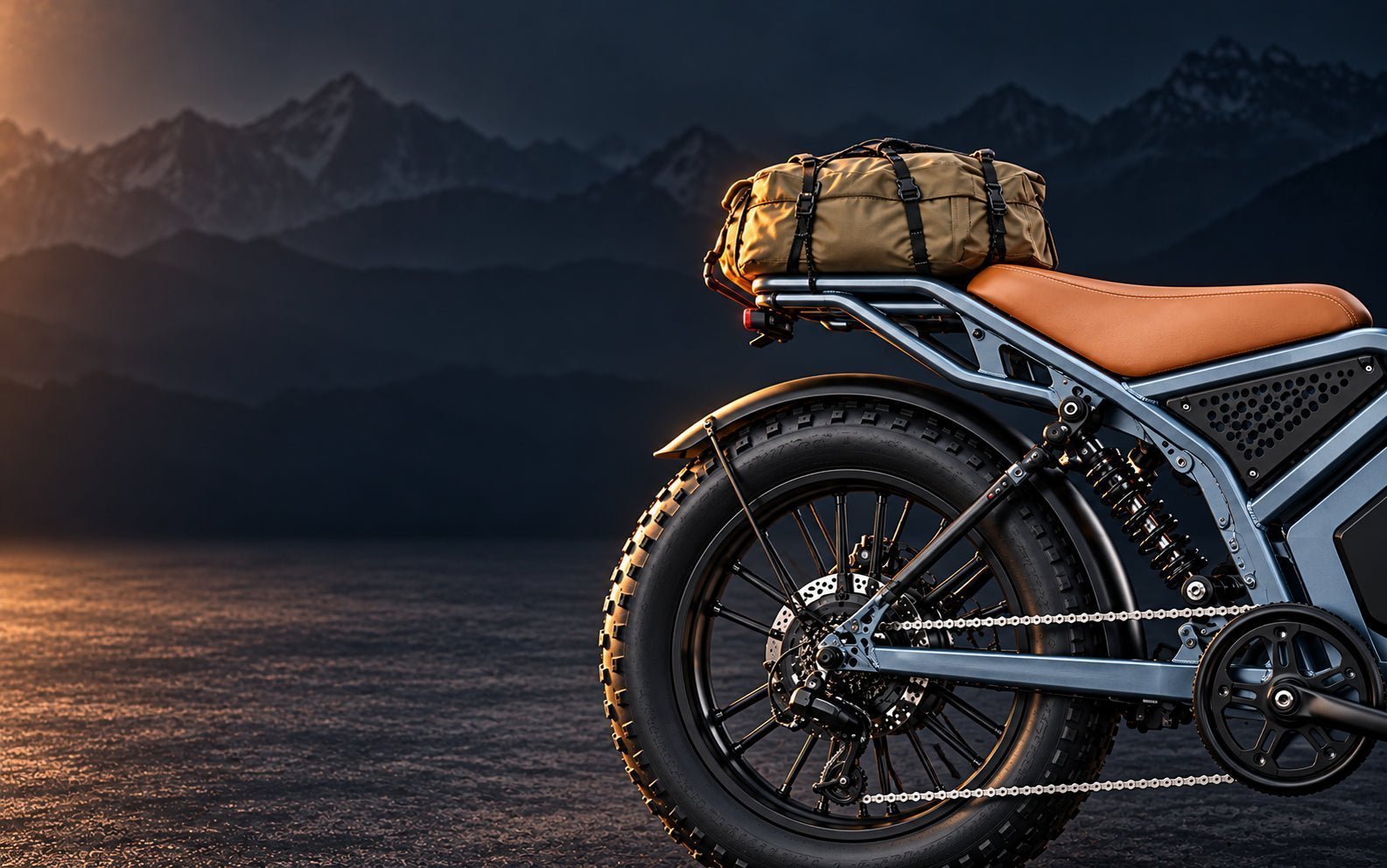QS7 rear rack, saddle and complete rear wheel carrying a secured travel bag
