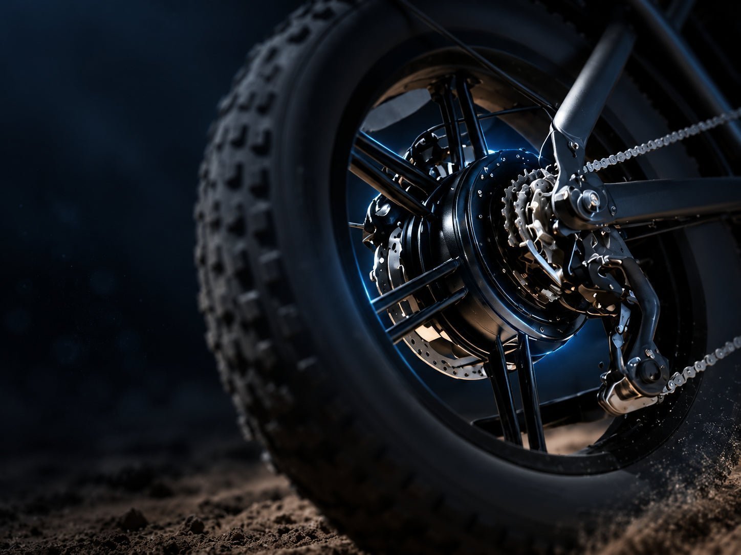 QS7 rear hub motor highlighted while the surrounding wheel and frame recede
