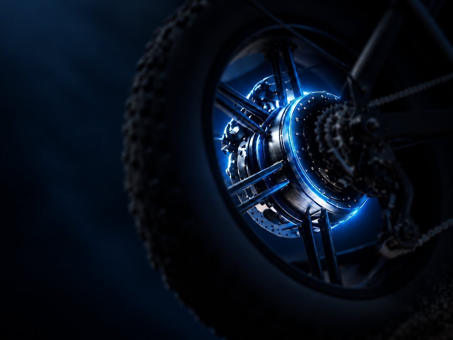 QS7 rear hub motor illuminated by a premium blue glow against a deeply softened wheel and frame